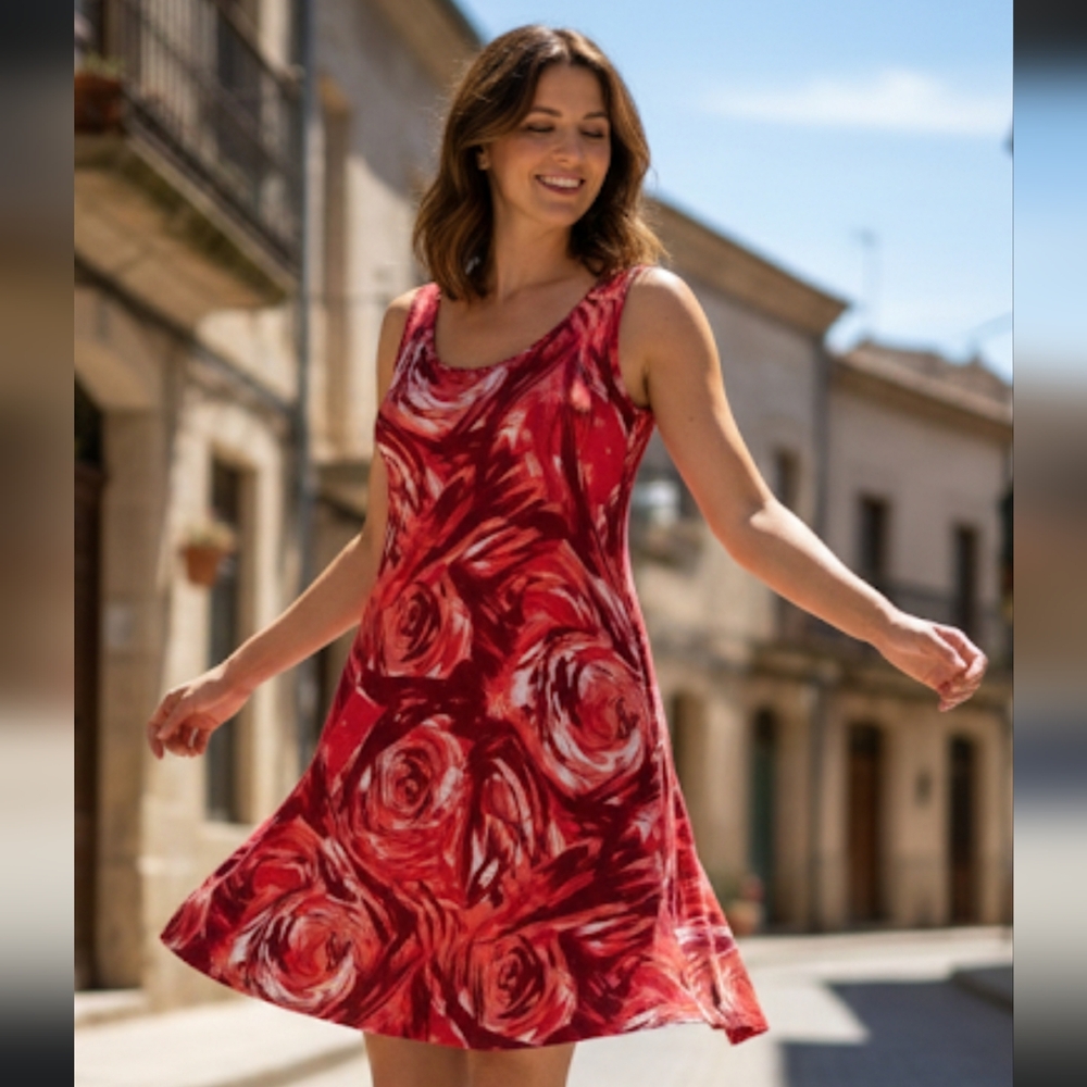 Red trapeze dress with artistic rose pattern,Sleeveless Summer Dress,Size L